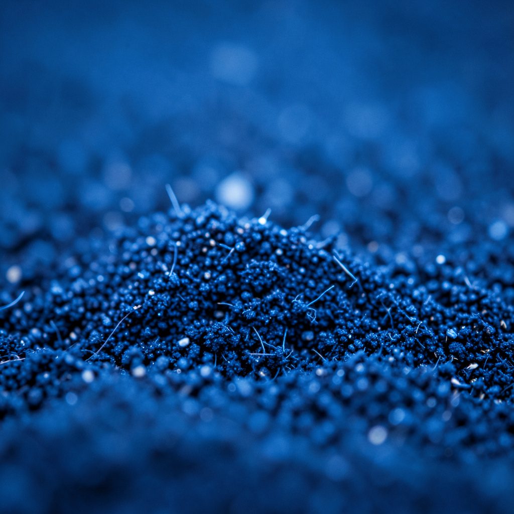 Detalle macro de una superficie de metal pulido con vetas suaves en tonos azul marino y gris claro, transmitiendo precisión industrial.